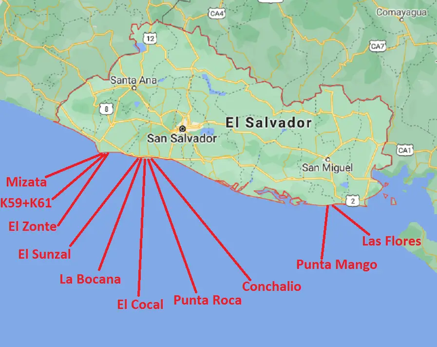 El Salvador Surf Spots Map