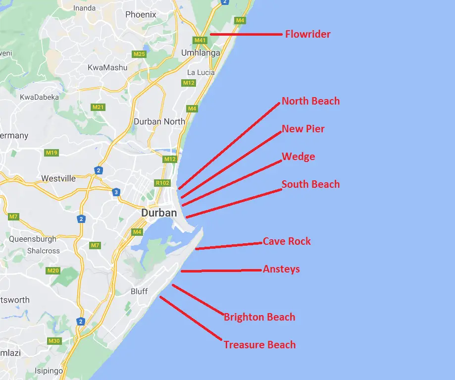 Durban Surf Spots Map