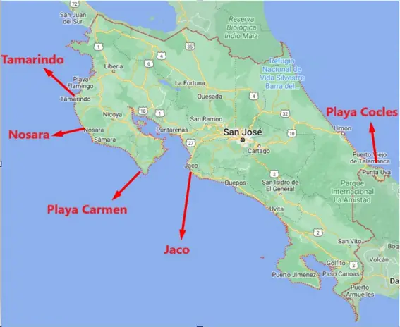 Beginner Surf Spots Map in Costa Rica