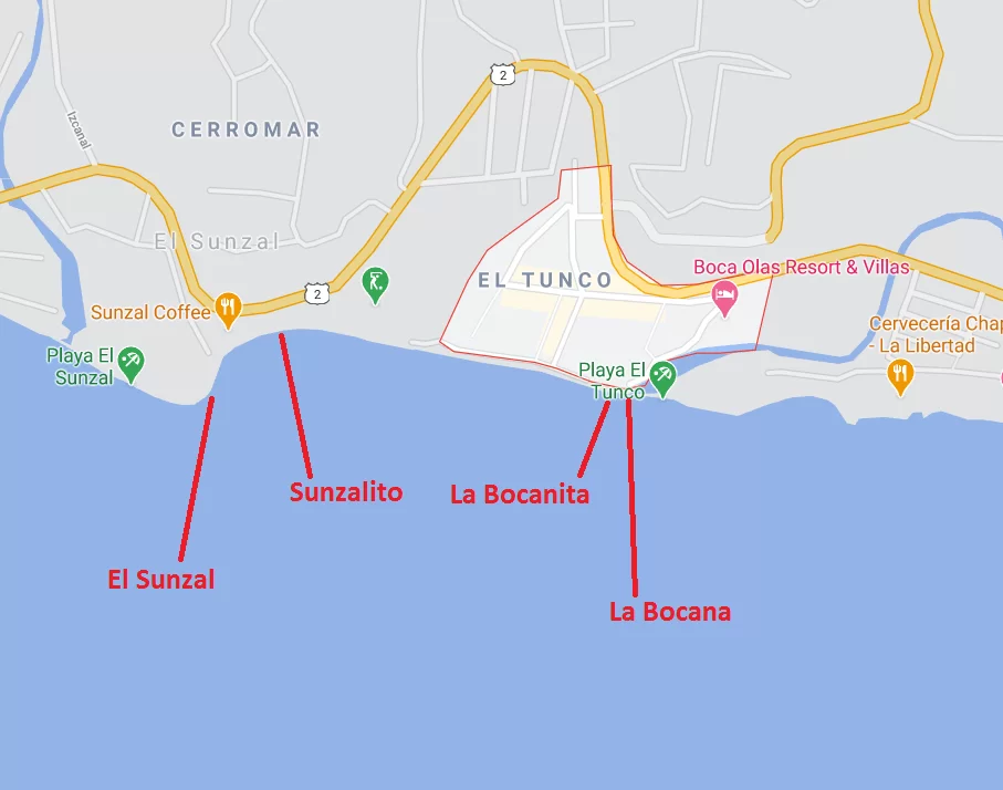 El Tunco Surf Spots Map