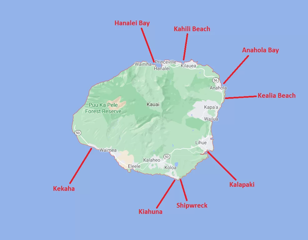 Kauai Surf Spots Map